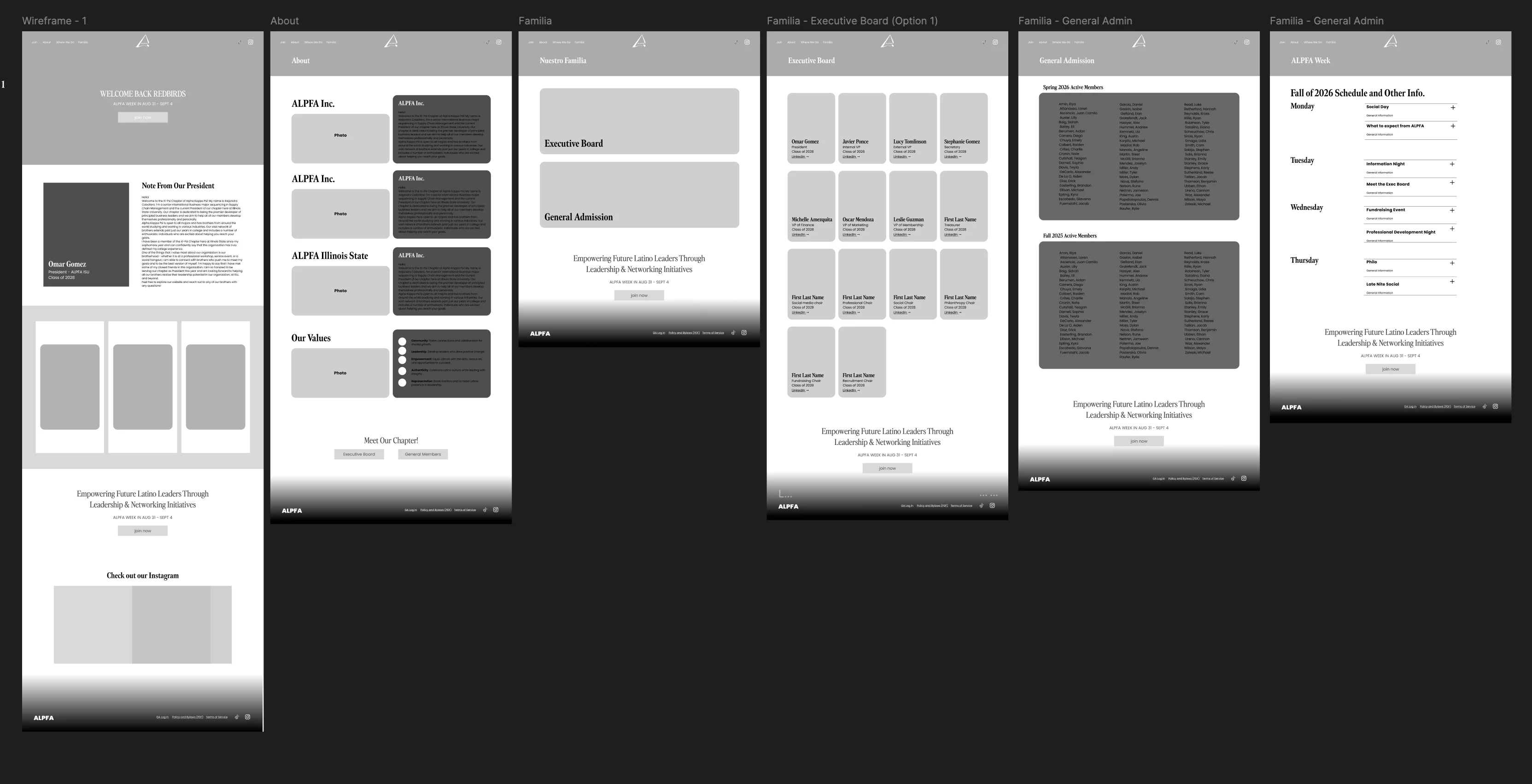 Grayscale wireframes of six ALPFA website pages: home, About, Familia, Executive Board, General Admission and ALPFA Week schedule