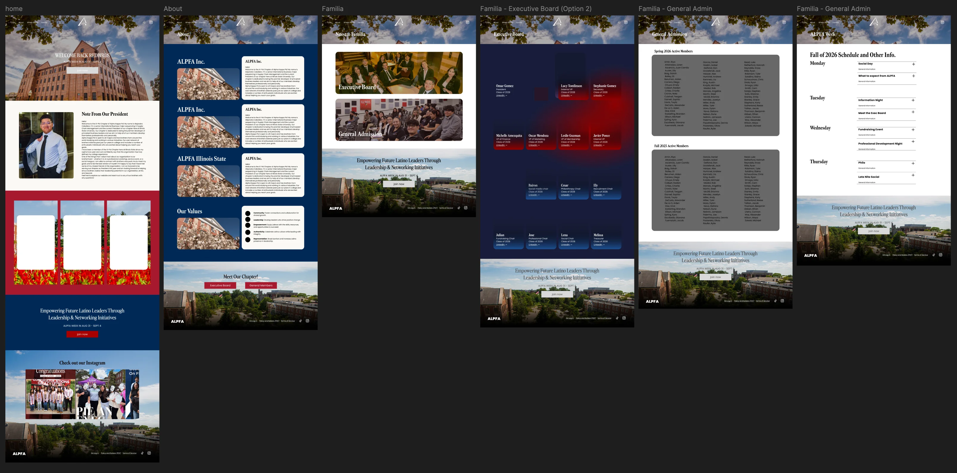 High-fidelity ALPFA website pages in navy and red with campus photography, a note from the chapter president, the executive board and the ALPFA Week schedule