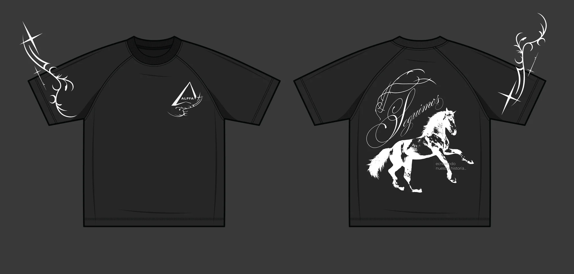 Front and back mockups of a black ALPFA shirt: the ALPFA logo with flourishes on the left chest, white ornamental flourishes with sparkles on the sleeves, and on the back a script Seguimos over a white rearing horse