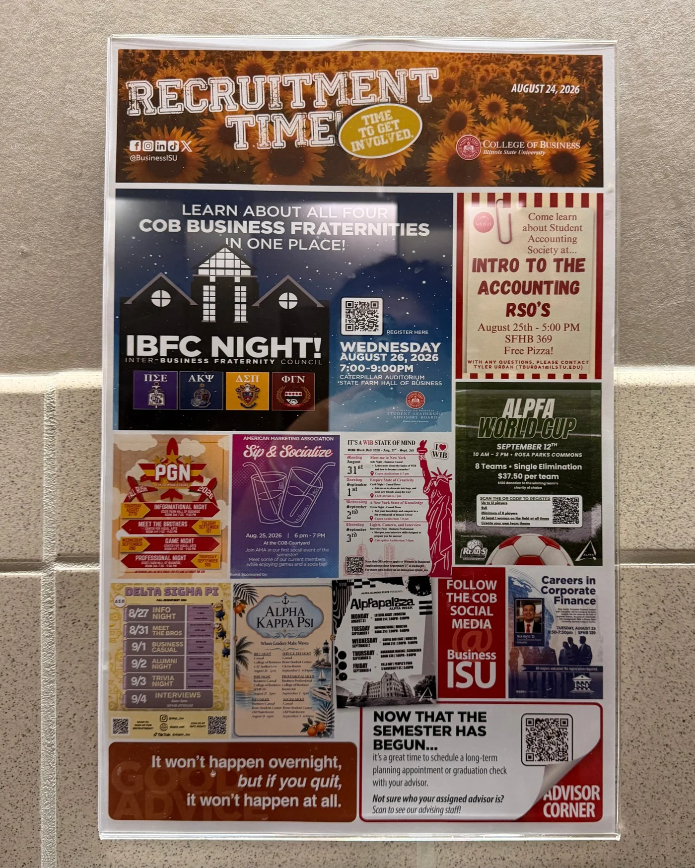 College of Business Recruitment Time board with flyers from many student organizations, including the Alpfapalooza flyer
