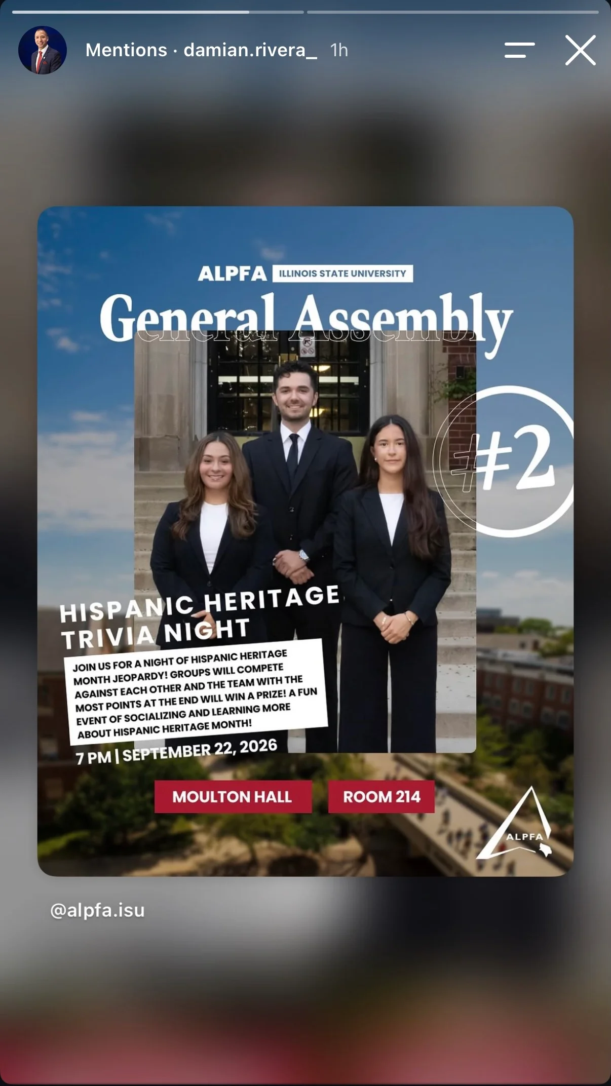An Instagram story sharing Oscar's General Assembly #2 graphic for Hispanic Heritage Trivia Night on September 22, 2026 in Moulton Hall Room 214