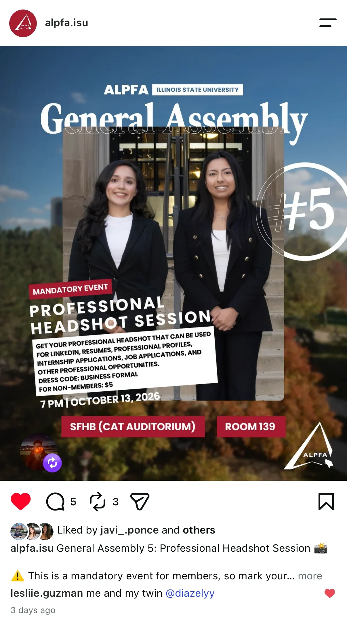 The @alpfa.isu TikTok grid, with the Alpfapalooza schedule post at 30.1K views alongside posts for the ALPFA World Cup, outreach and Pie an Exec