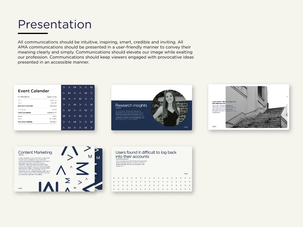 Brand guide page titled Presentation, describing the tone of AMA communications with example slides