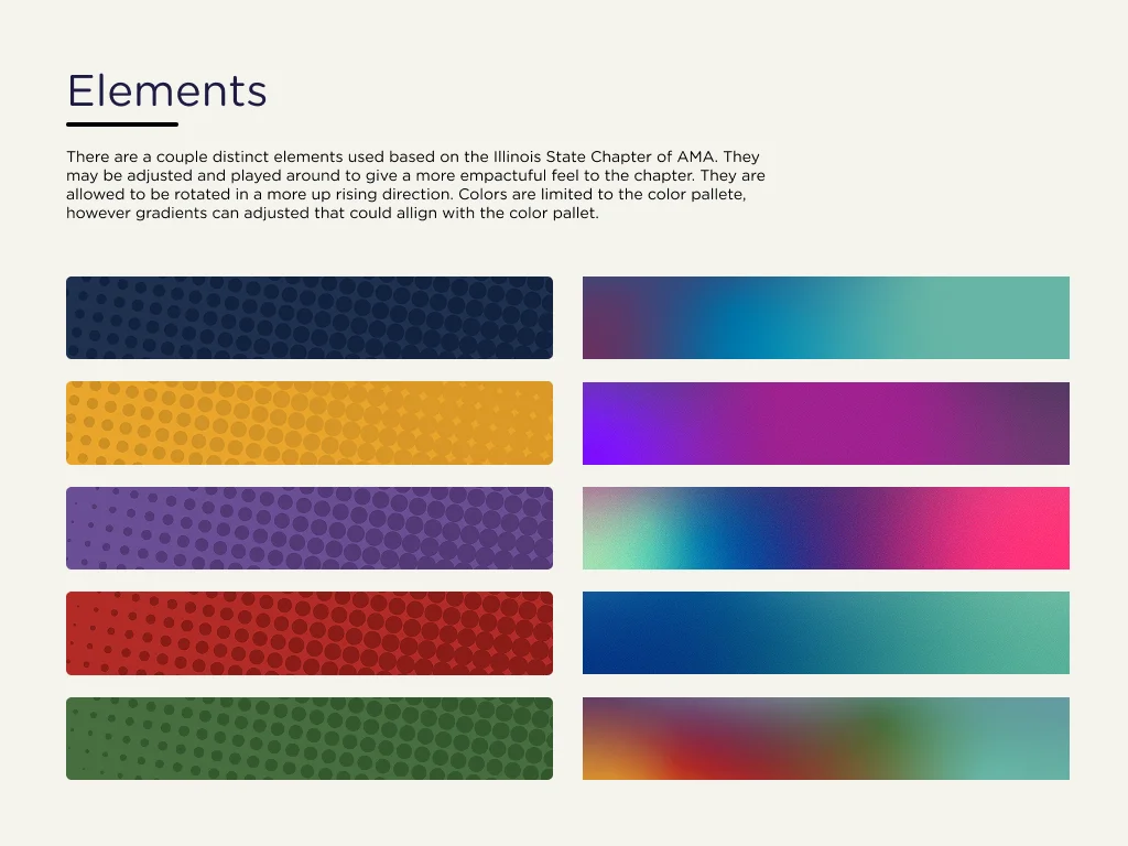 Brand guide page titled Elements, showing halftone textures in navy, gold, purple, red and green beside matching gradients