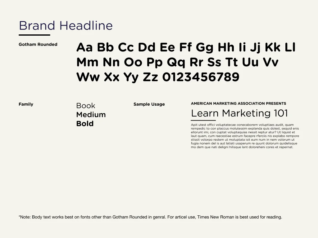 Brand guide page titled Brand Headline, showing the Gotham Rounded alphabet in Book, Medium and Bold with a sample layout