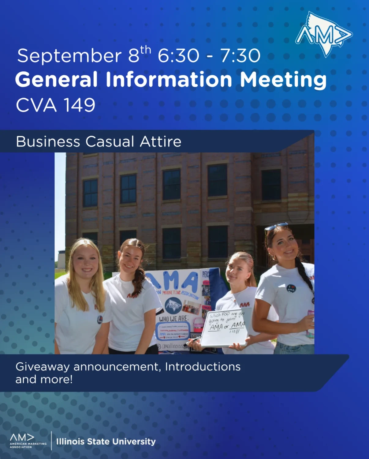 General Information Meeting post for September 8 in a blue halftone layout, with a photo of members at a recruitment table