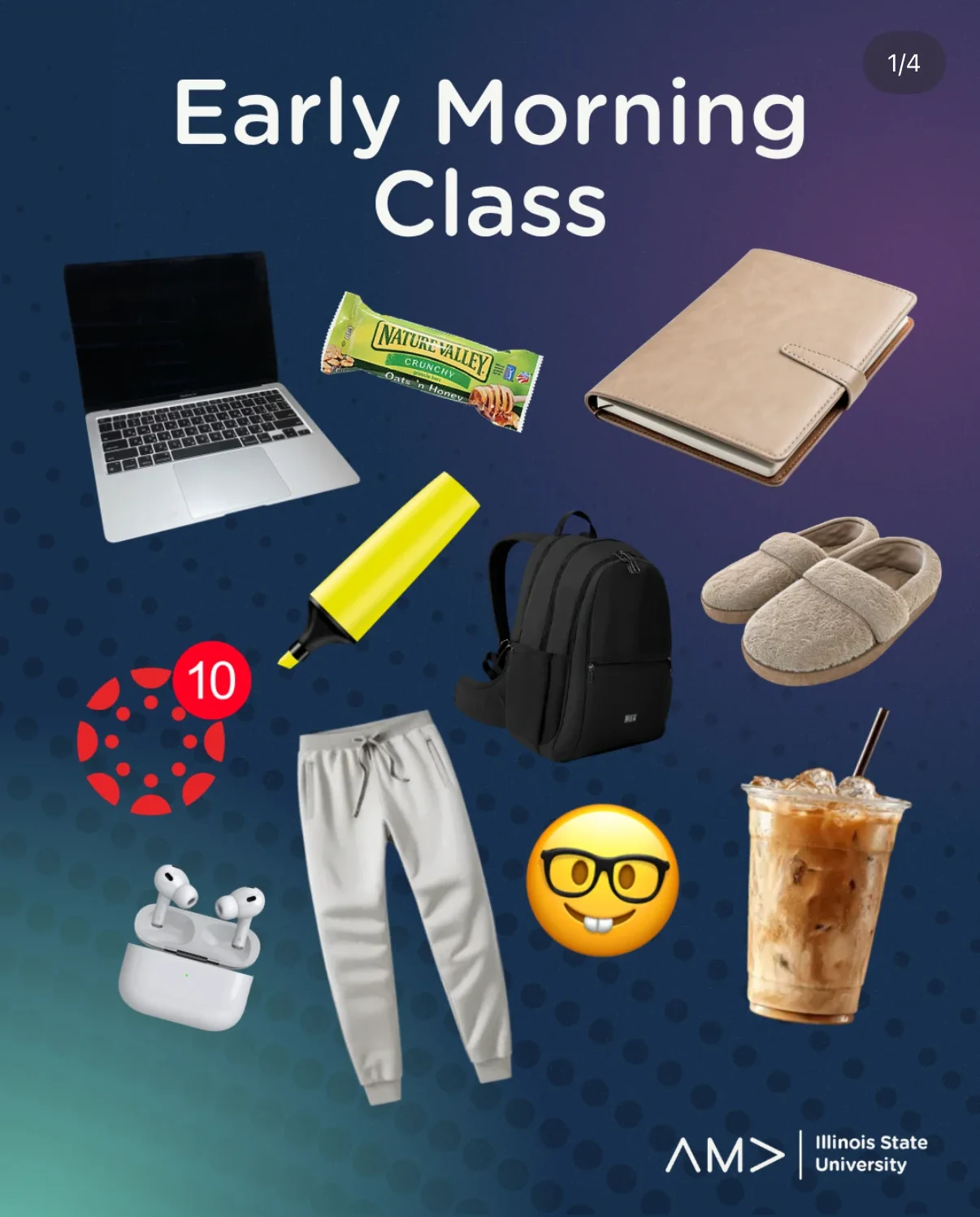 Early Morning Class starter-pack post on a navy-to-teal gradient with halftone dots