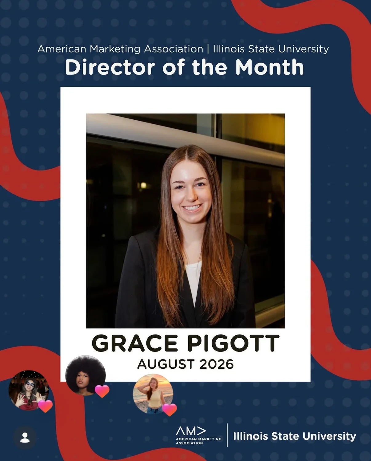 Director of the Month post for August 2026 in navy and red with halftone dots and a framed portrait