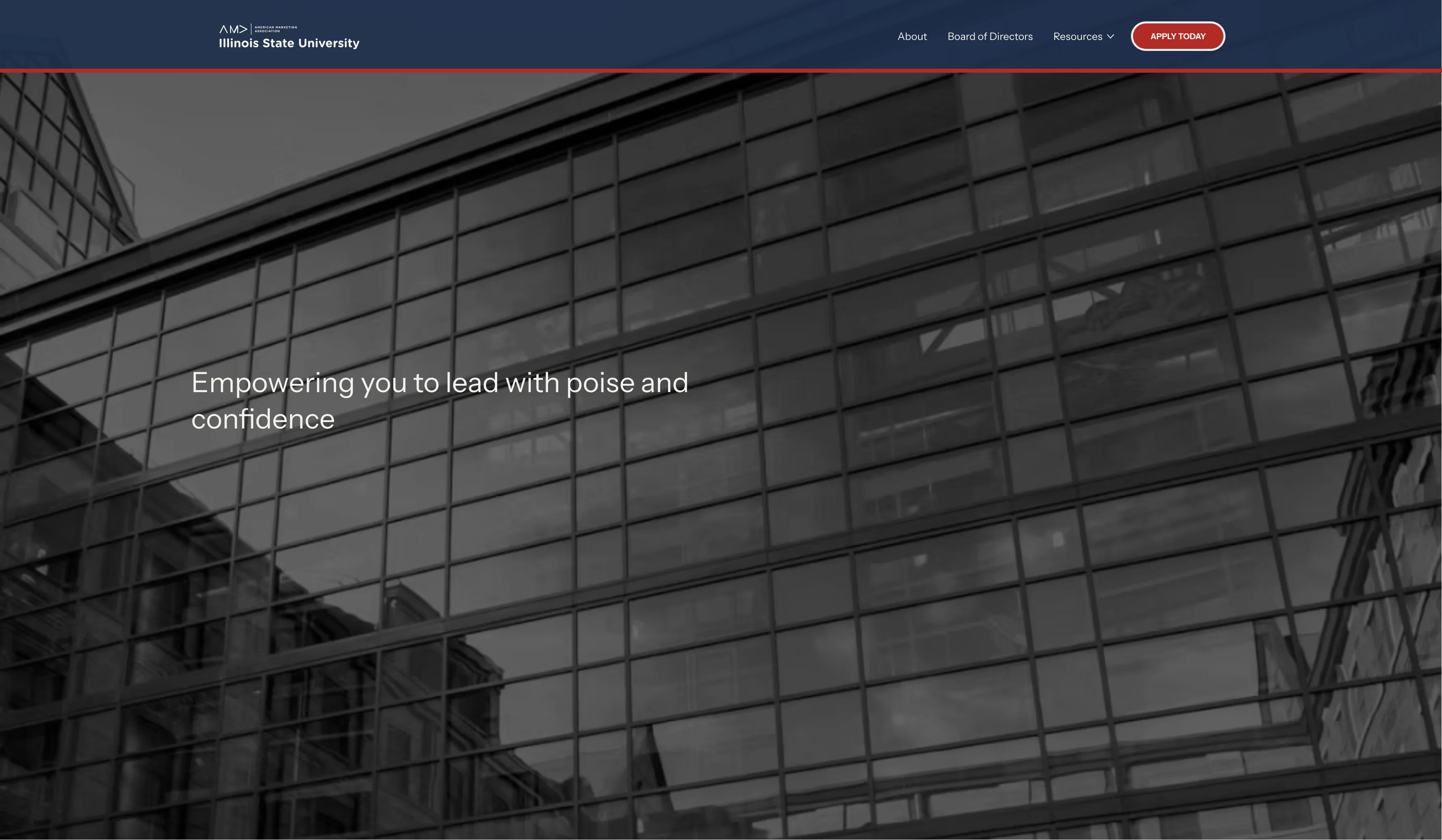 AMA Illinois State website home page with the headline Empowering you to lead with poise and confidence over a black-and-white photo of a glass building