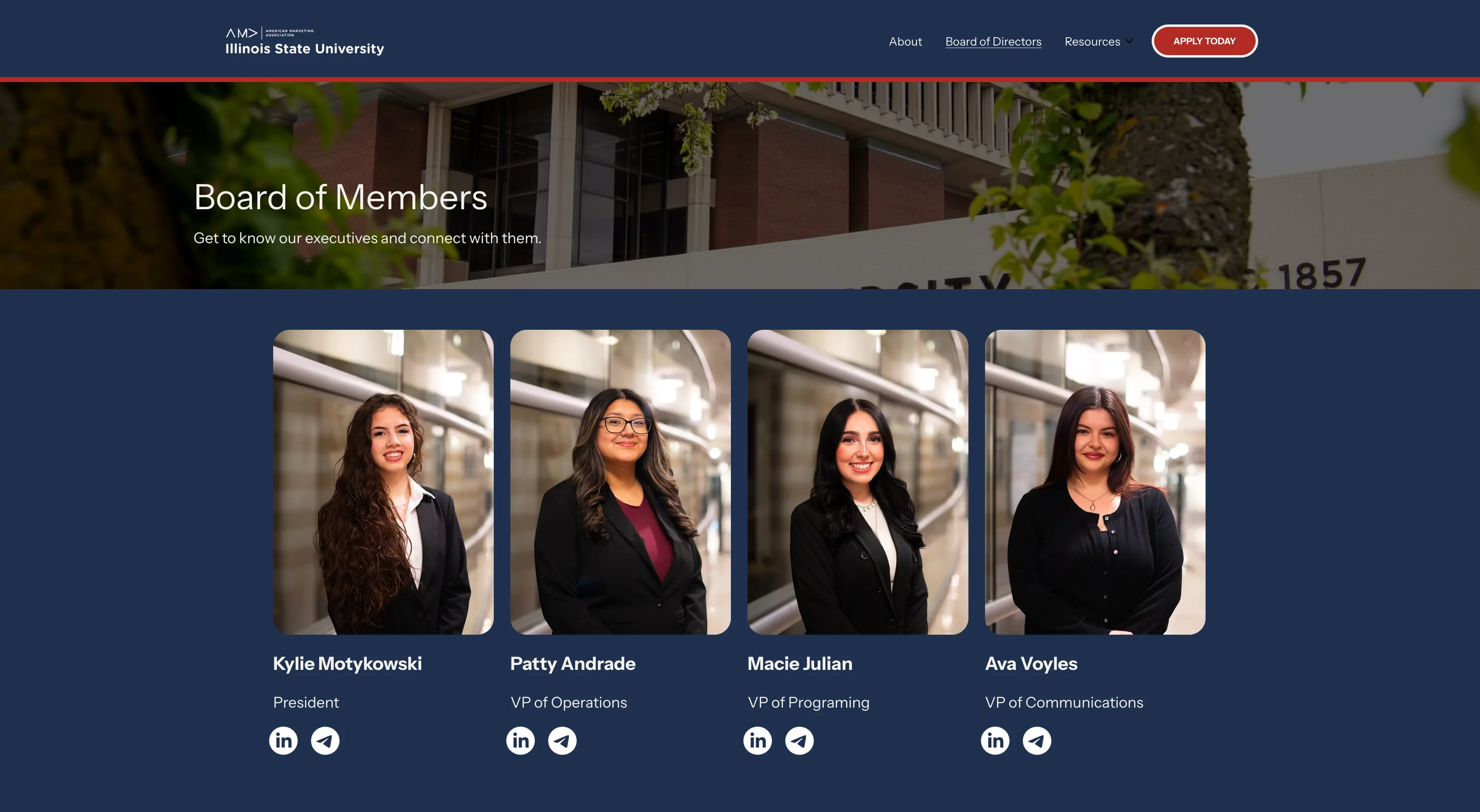 Board of Members page with portraits of the chapter president and vice presidents on a navy background
