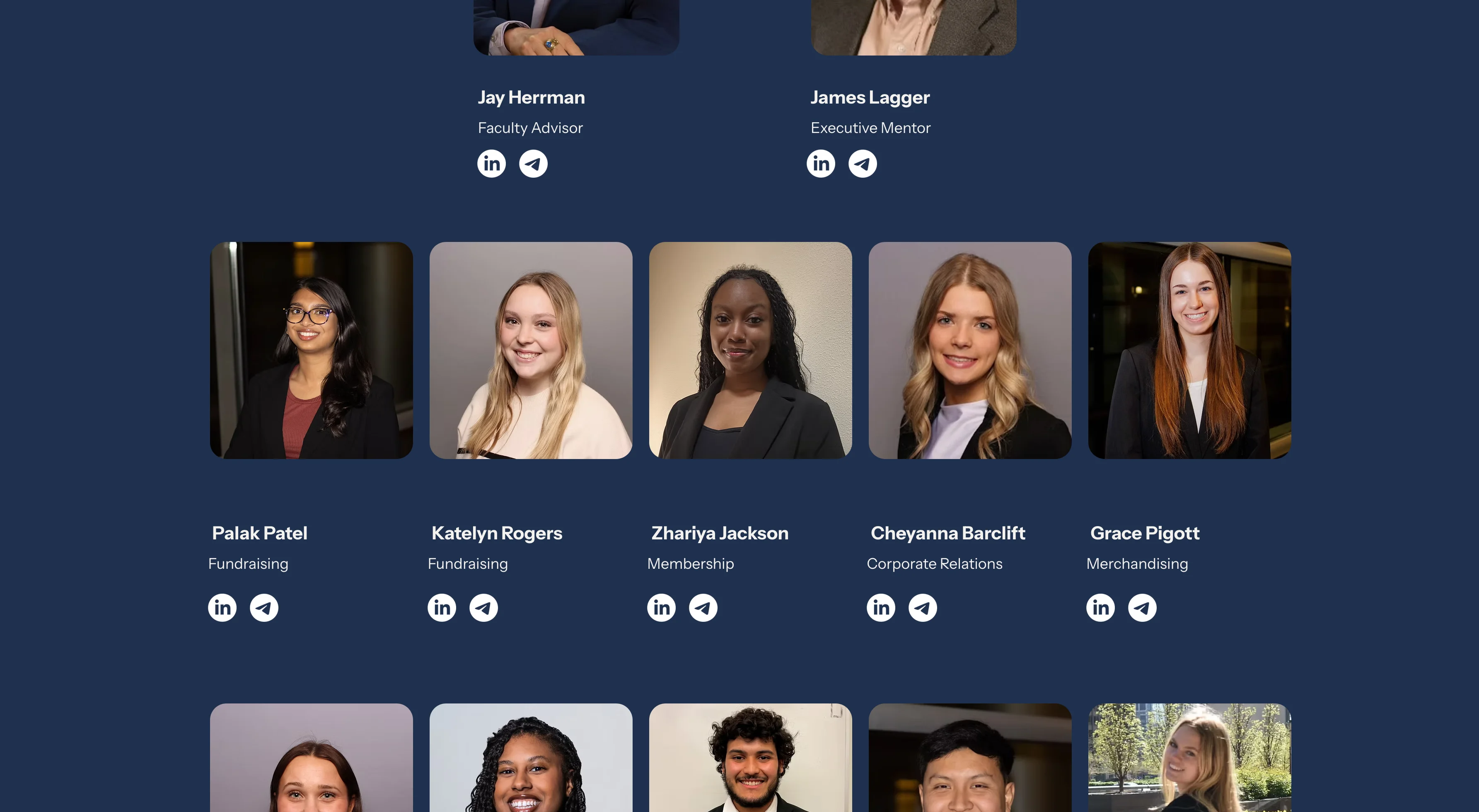More of the Board of Members page, showing the faculty advisor, executive mentor and committee directors with LinkedIn links