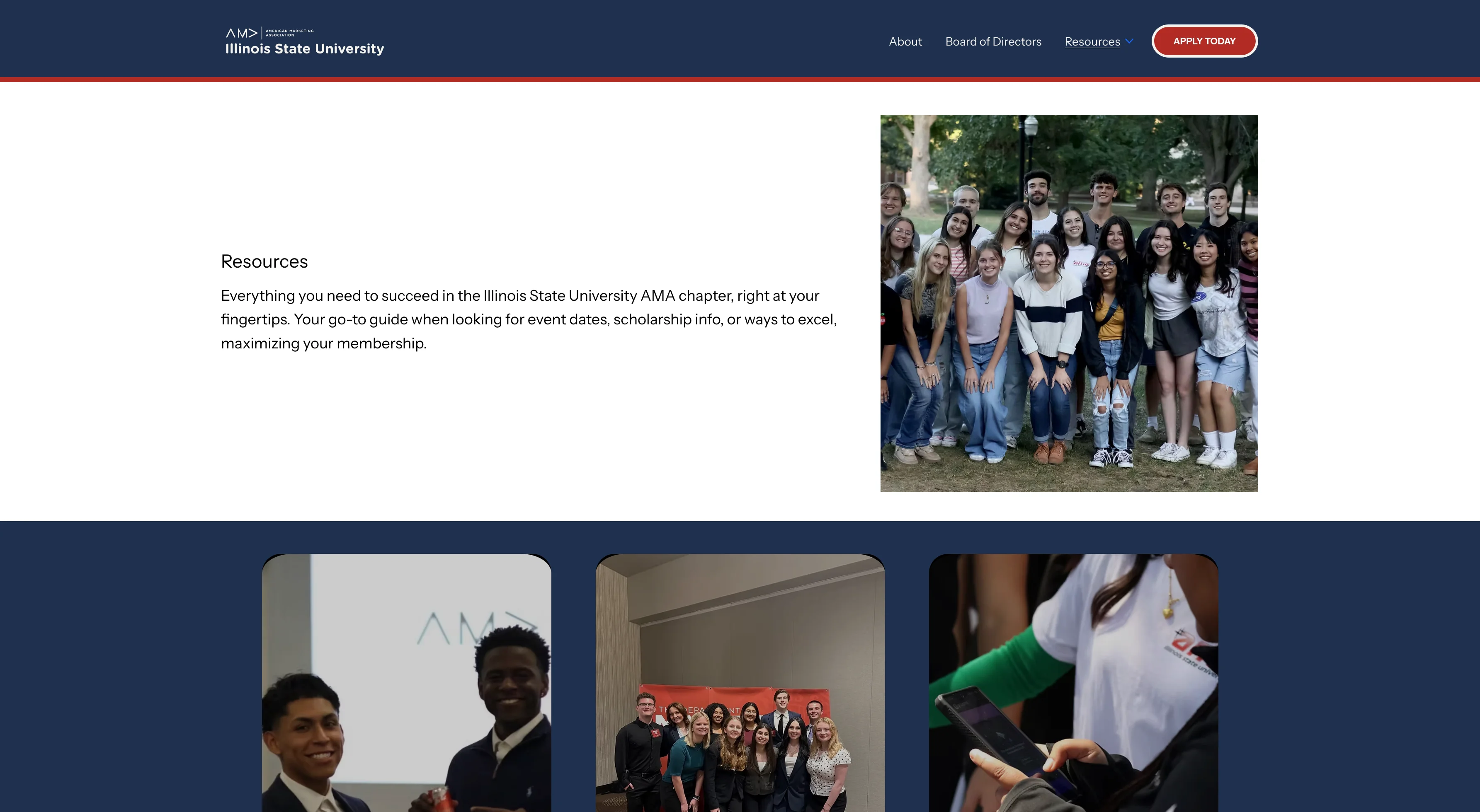 Resources page with a short description beside a large chapter group photo, and event photos below