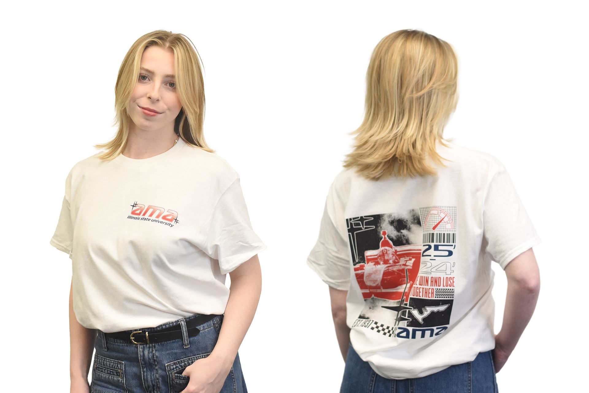 mockup of a model showing both the back and front of the t-shirt