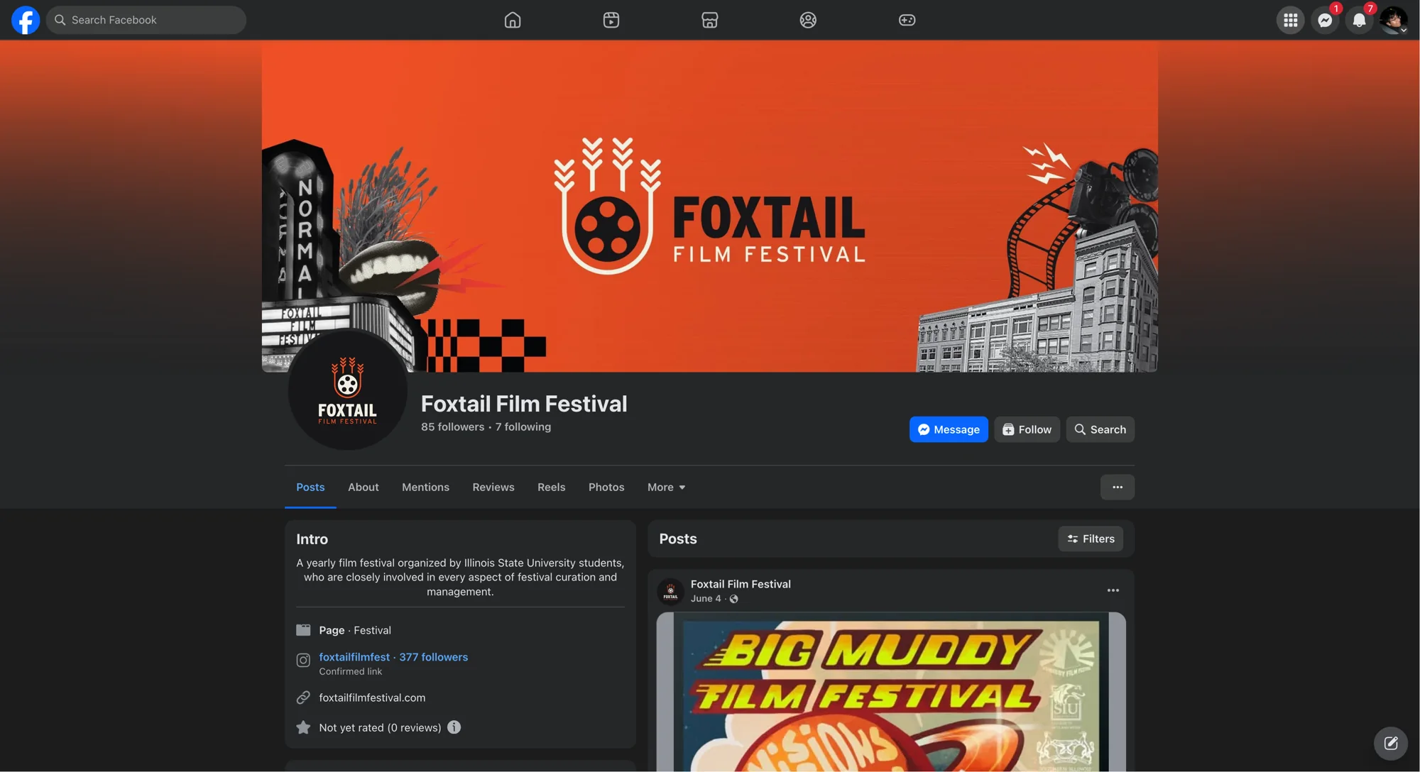 The Foxtail Film Festival Facebook page with Oscar's cover banner: the logo on orange between black-and-white cut-outs of the Normal Theater sign, a mouth, a checkerboard, a film camera and a brick building, above the page's profile, intro and posts