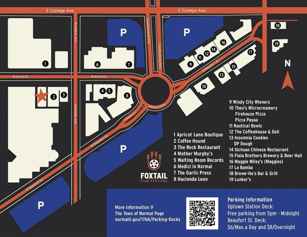 Map of Uptown Normal in black, orange, cream and blue, with a star at the Normal Theater, four parking decks, 19 numbered restaurants and shops, and parking hours and prices beside a QR code