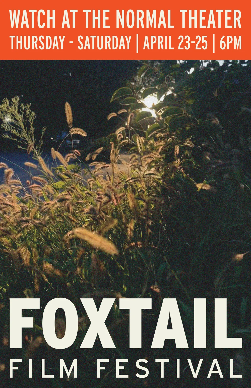 Draft 1: a night photo of backlit foxtail grass under an orange banner reading Watch at the Normal Theater, Thursday to Saturday, April 23 to 25, 6 PM, with FOXTAIL Film Festival in large cream type