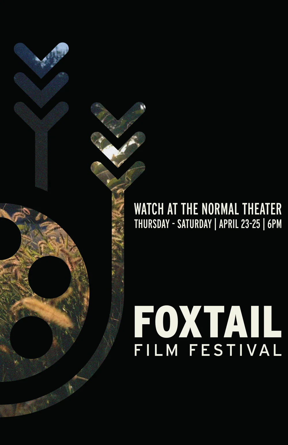 Draft 2: the Foxtail logo on black, cropped off the left edge and cut out to reveal a photo of foxtail grass, with the festival name and dates set to the right