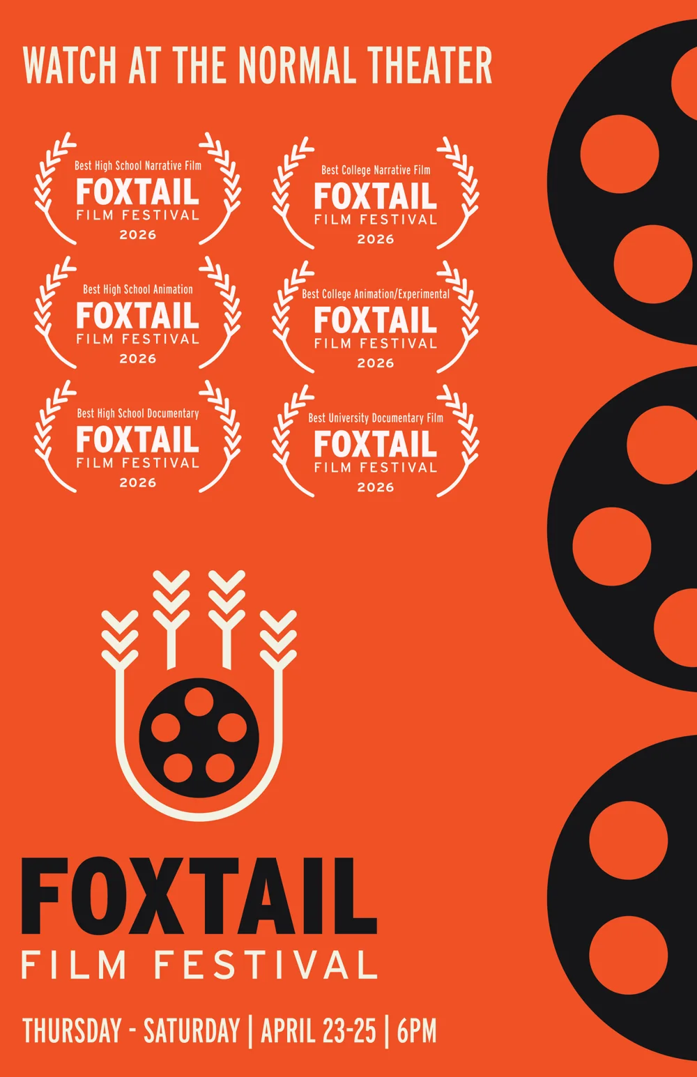 Draft 4: six cream award laurels for the festival's categories on orange, with the logo, the festival name and a column of black film reels running down the right edge