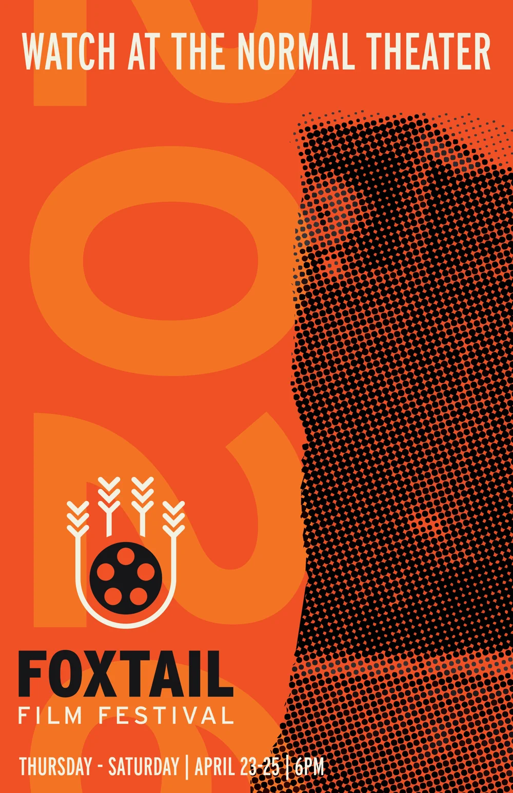 Draft 5: an oversized 2026 in light orange behind the logo, with a halftone photo torn along the right side