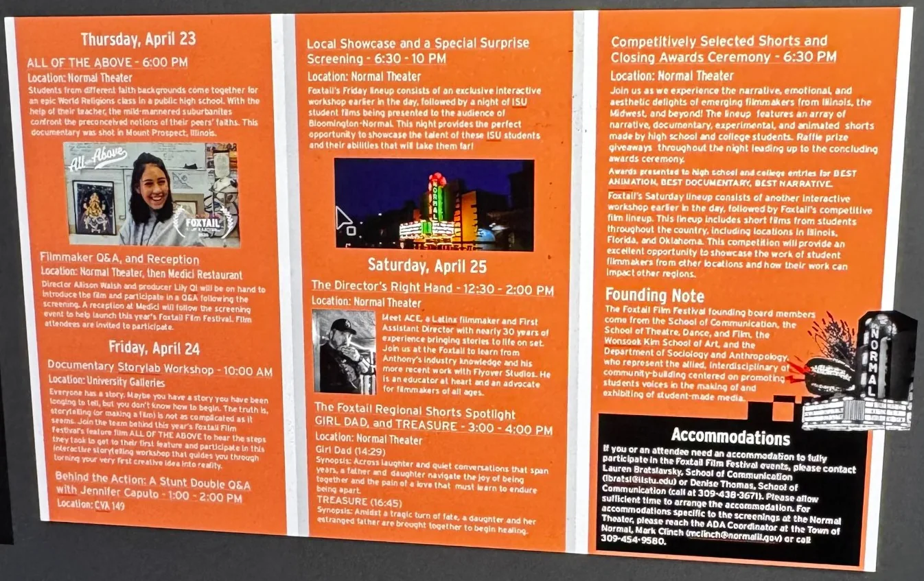 Inside spread of the orange Foxtail trifold program in Illustrator, with the schedule for April 23 to 25, film stills, a photo of the Normal Theater at night, a founding note and an accommodations panel