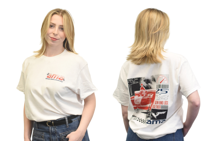 Model wearing a white AMA T-shirt shown from the front and back, featuring a small AMA logo on the chest and a bold graphic design on the back.