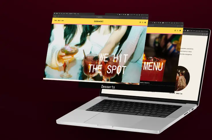Laptop mockup displaying the Sugar Shot website with layered pages, featuring food and drink photography and bold typography on a dark red background.