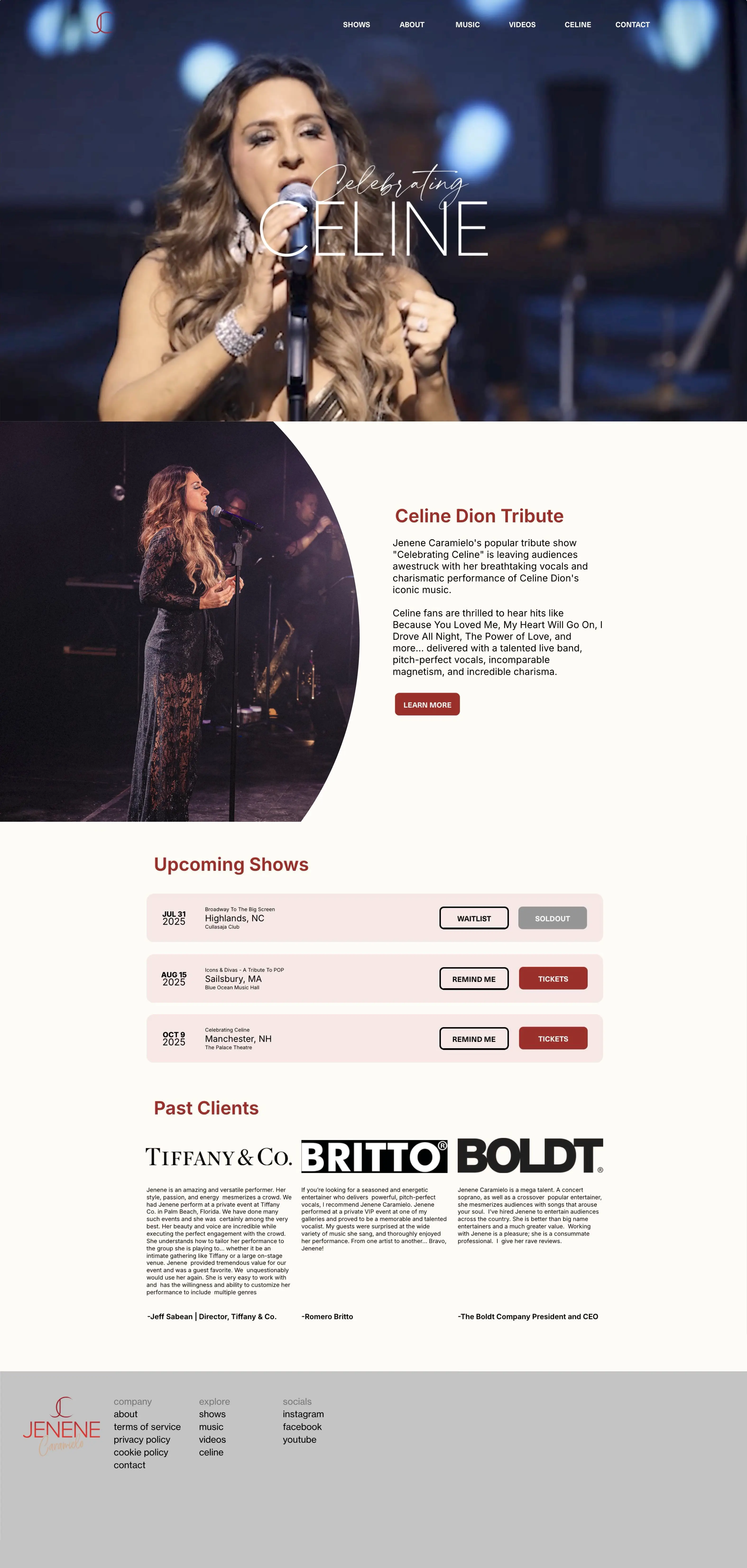 index page design for jenene's website which includes an hero description and upcoming shows then a past client colum