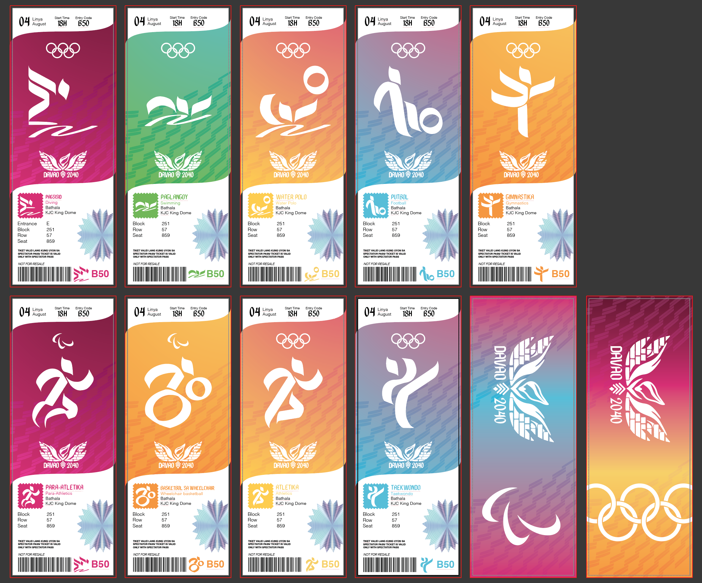 a layout of all of the 9 pictograms with each in their own ticket layout deisgn