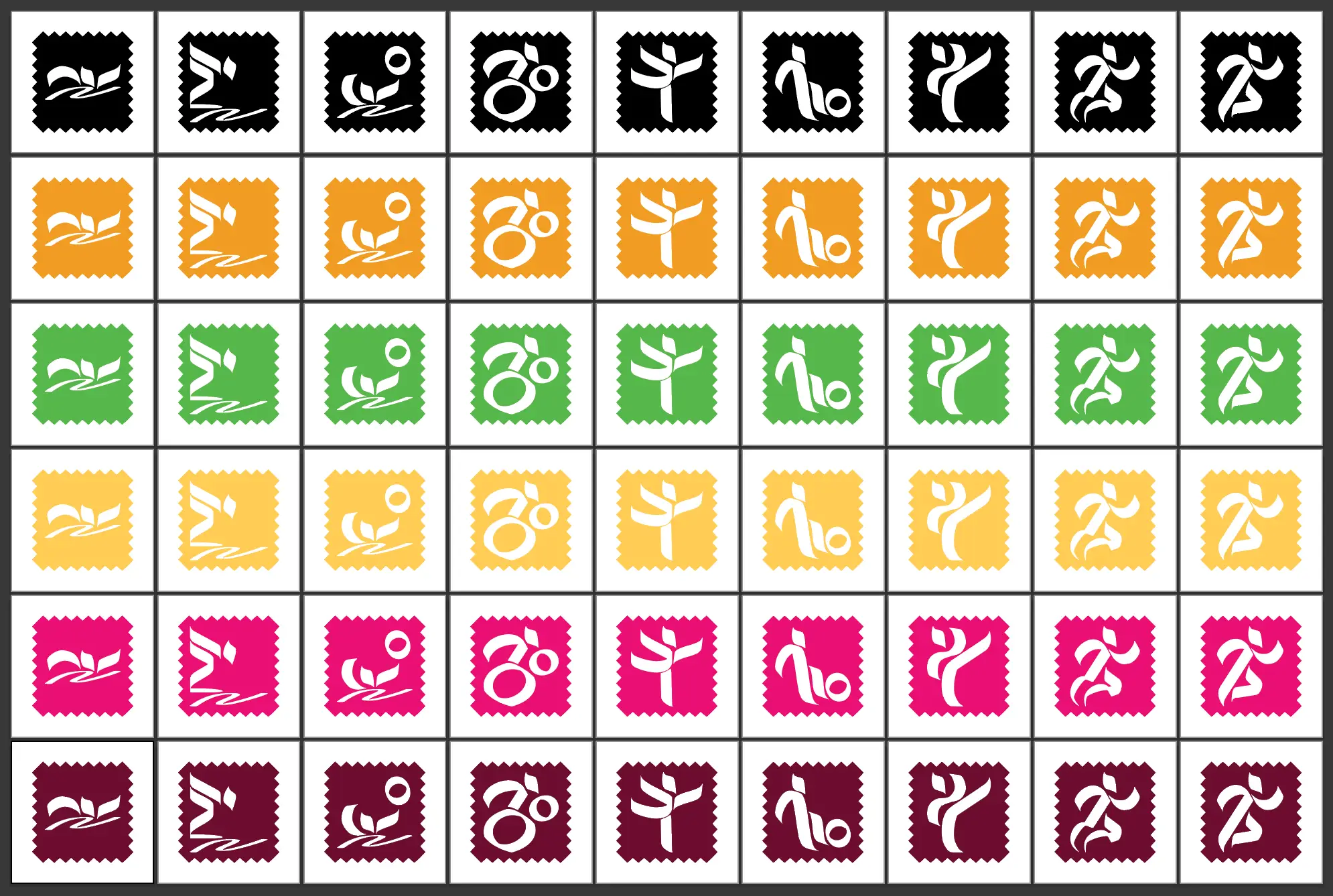 collection of nine pictograms set right across with six color variations from top to bottom